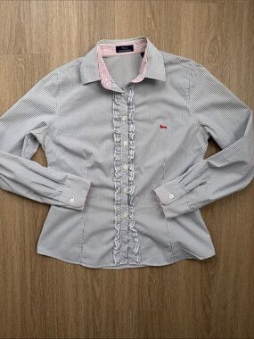 Harmont & Blaine Black and White Pinstripe Dress Shirt with Pink Collar Detail